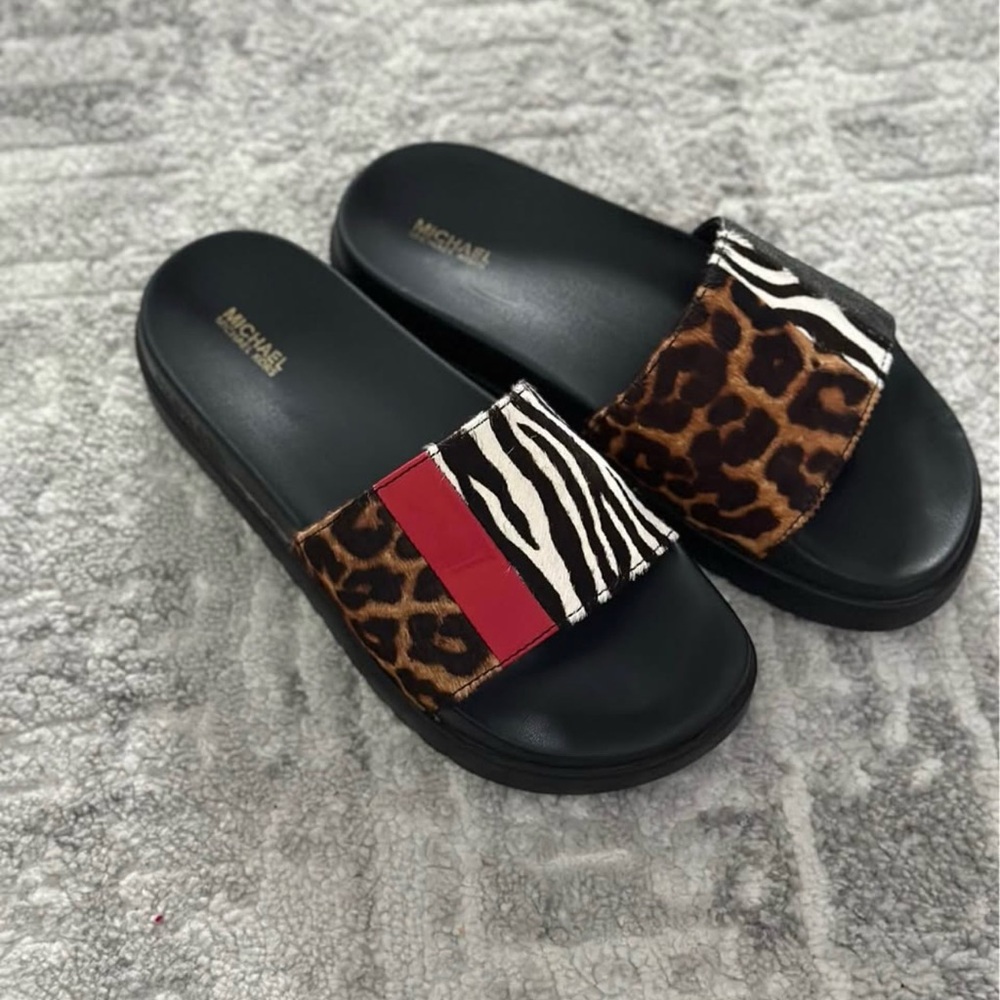 Michael Kors Black and Brown Sandals with Animal Print